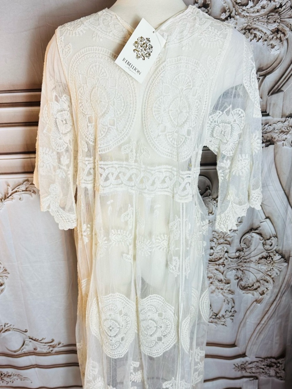 Rebellion Sheer White Embroidered Lace Long Cardigan - Picture 7 of 9